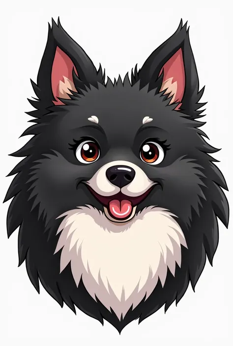 cute cartoon style cartoon only of the face of a black German Spitz with white mouth area