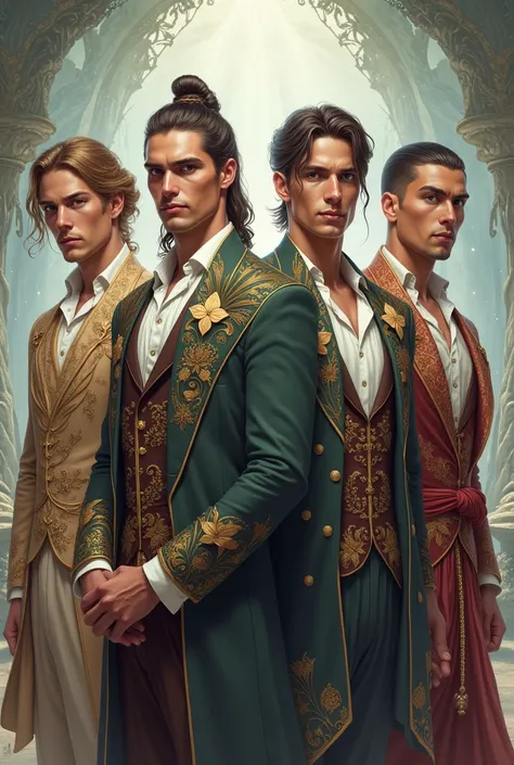  Create an illustration with: 4 strong men, imposing, different from each other , from 22 to 26 years old , Wearing Fairytale clothes, elegant