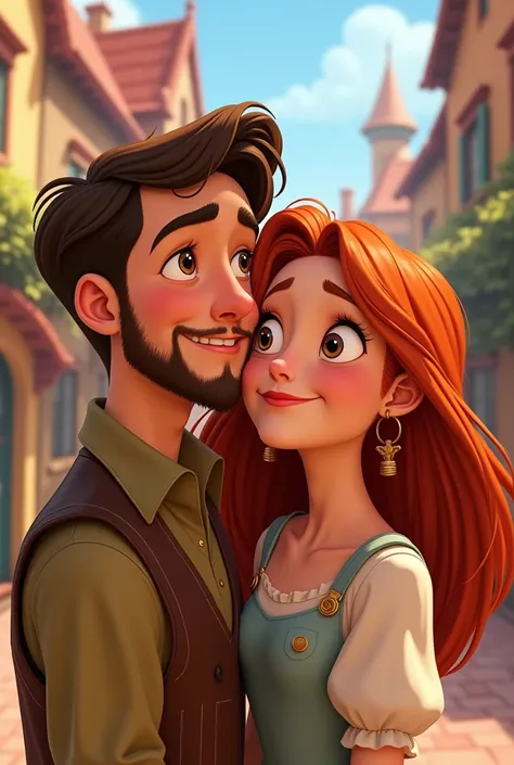 A boy with a short beard, And a redhead , The two are a couple, Disney animation style 