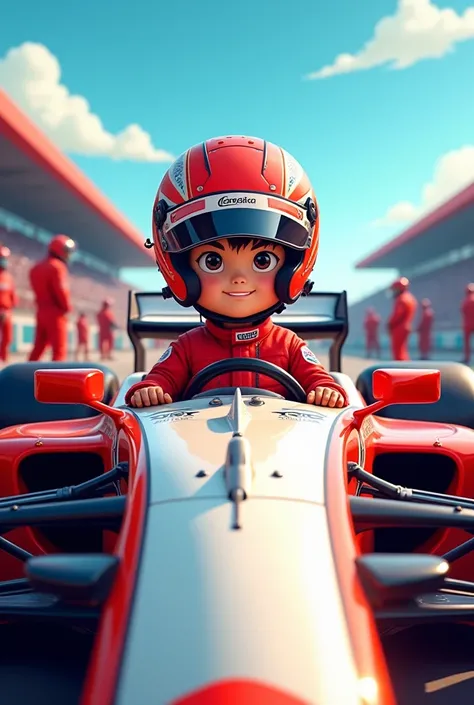  I want an image of Jungkook in a Formula 1 ,  car with Jungkook wearing a red jumpsuit with a helmet.  (Do it as if it were a cartoon)