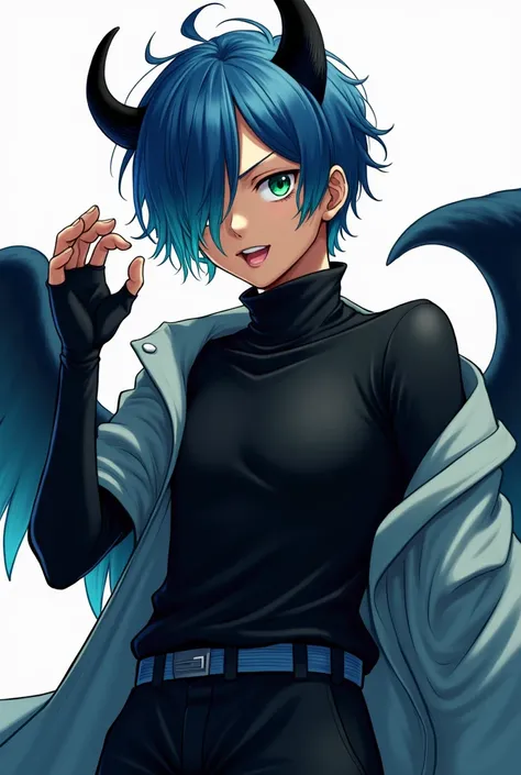 .Image style: one piece - anime one piece. A boy with dark blue hair at the roots and light blue at the ends, green eyes with wolf-like pupils. has black horns and black wings. Very handsome. Line style: one piece. Clothing: wears a black turtleneck, long ...