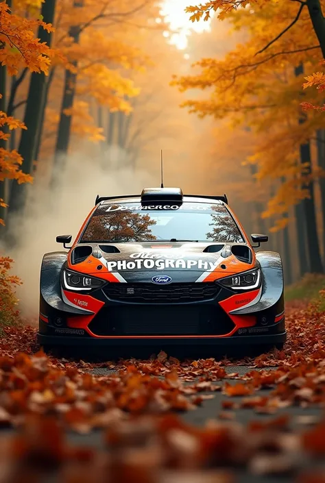 Créer une image en rapport avec la photographie et le rallye , dans la forêt avec les couleurs de lautomne. Ou on voit une voiture de rallye de face , ou ces marqué theo photographie dedans en gros 