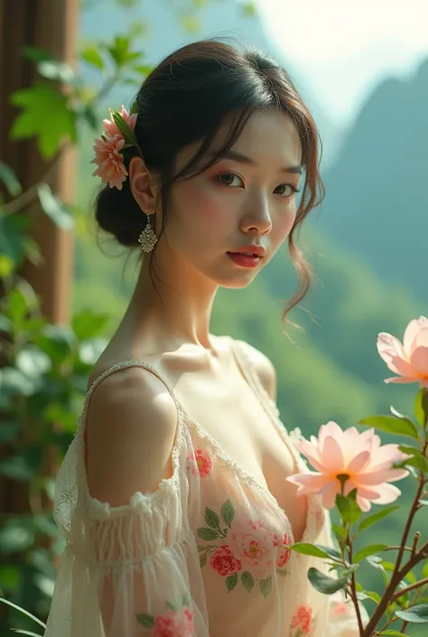 In a lush indoor garden、A Japanese woman is wearing a floral sheer top、 with breasts and soft flowers in the background in lush green mountains、 creates harmony between nature and beauty。