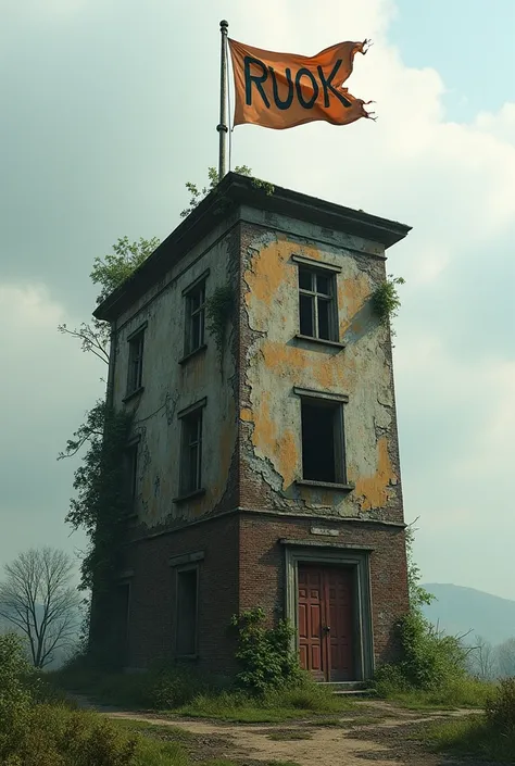 Draw me an old building, let the building be worn down and have a flag on it and write Ruok on it