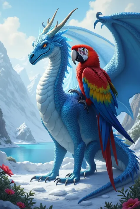 create 32k
A single-frame image of an ice dragon and a macaw sharing the same background. The ice dragon has blue scales and frosty breath, while the macaw features its colorful feathers and keen eyes. Both animals display their unique features.