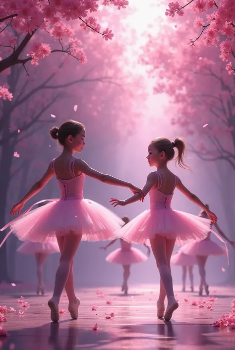  Background with pink and purple tones with characteristic ballet elements/Dance and that there are girls dancing 