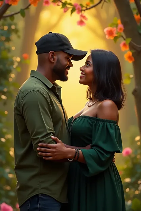 Superb, stunning, ultra high image quality, realistic, marry me background with green love, a bald,dark skin guy wearing a olive half sleeve shirt, and wearing a black cap ,proposing a dark skin, chubby, dark brown straight hair waist level, wearing a dark...