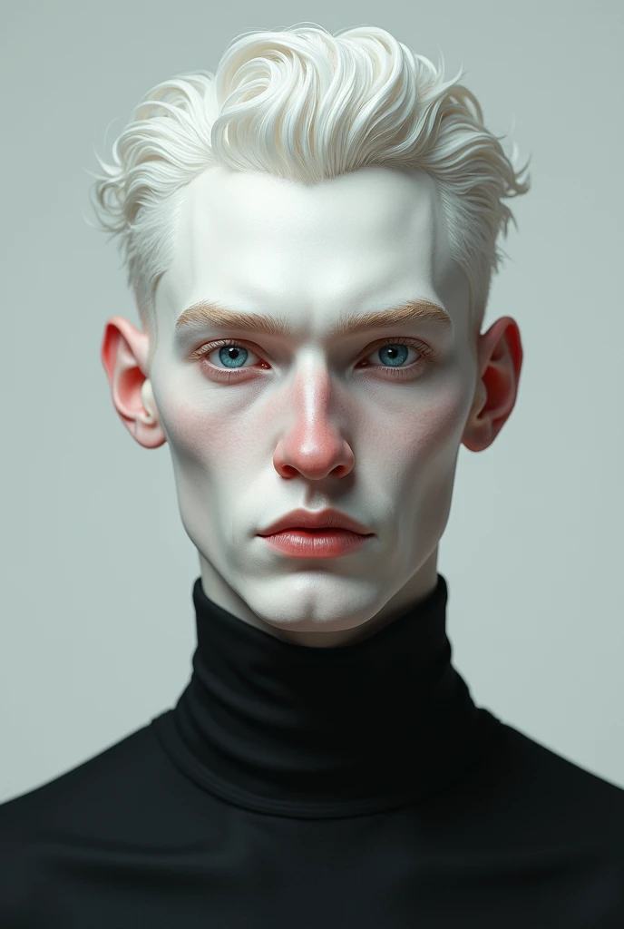  Makes an albino man with a defined jawbone, rectilinear nose , blue and expressive eyes,  thick eyebrows ,  clear skin and facial symmetry , Your hair is wavy white with a medium and thick texture, Do him wearing black dress clothing , Do him like a norma...