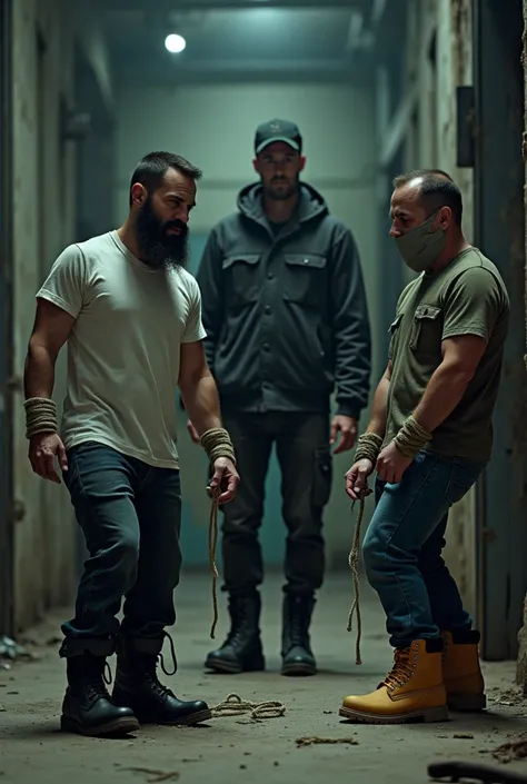 A nordic man with a short beard and hair dressed in black army boots, white t-shirt and jeans is bound from his legs and hands with thin rope and tape on his mouth in a abandoned factory. An other nordic man dressed yellow Timberland boots is bound and gag...