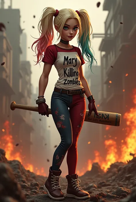 Harley queen petite avec son tee shirt avec l inscription mary tuant des zombies avec une batte de baseball avec l inscription nsn dans un champs de bataille en feu