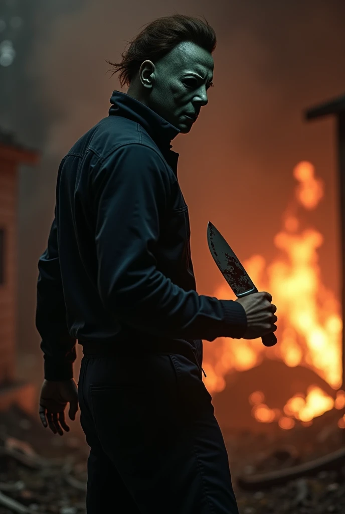  Michael Myers looking over his shoulder with a knife in his hand in the middle of the night, fire around him 