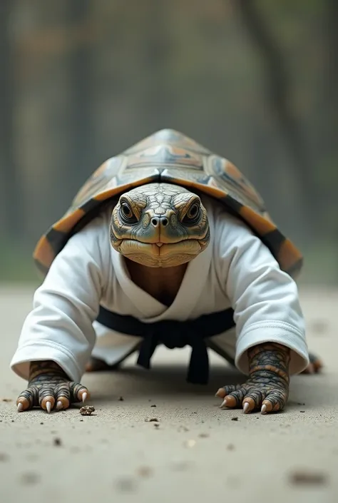 A jiu jitsu fighting turtle wearing a white kimono and a black belt doing a push up exercise on the ground