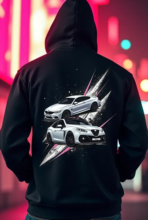 Generate a mens black sweatshirt with no cap white bold car designs with typography on it also no face model and funky background 