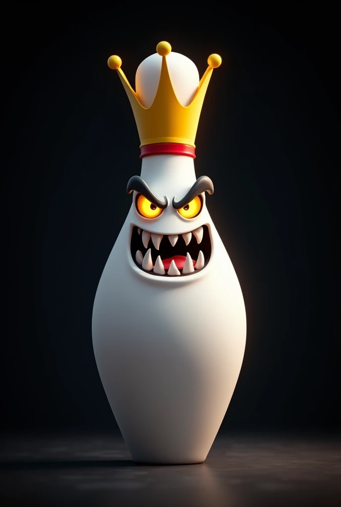 White gamer logo of a bowling pin with yellow crown cartoon serious animated black background with yellow eyes and sharp teeth without shading