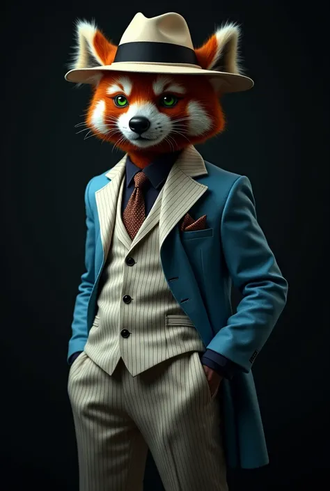  The photo shows an anthropomorphic red panda with green eyes,  dressed in an elegant light-colored suit with thin stripes .  He is wearing a bright blue ,  white jacket and hat with a wide black ribbon . His pose is thoughtful ,  shirt with one hand in hi...