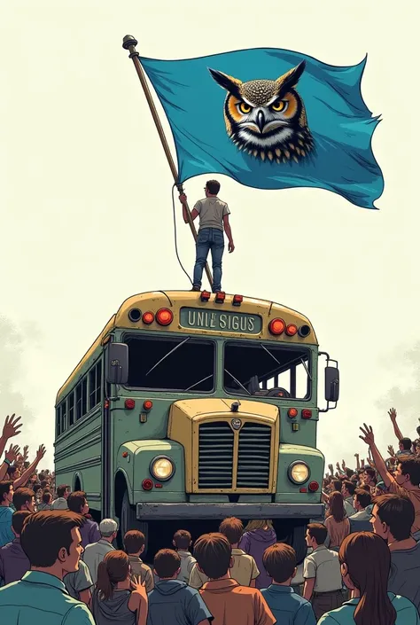  Creates a drawn-style image , I repeat, drawn,  a person raising a flag on the roof of a bus that looks torn or abandoned,  one that inspires liberation but not that is not from a country . A large blue flag , with the face of an owl in it 
With a crowd a...