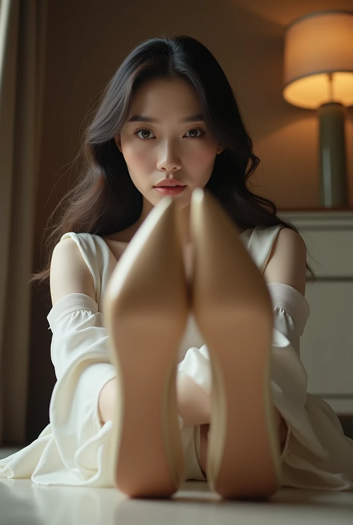 A low angle, floor level view of an elegant 40 year old east asian women towering above the viewer, her high heels filling up the foreground. She is looking down at the viewer with an alluring smile, exuding confidence and superiority. She wears a minimali...