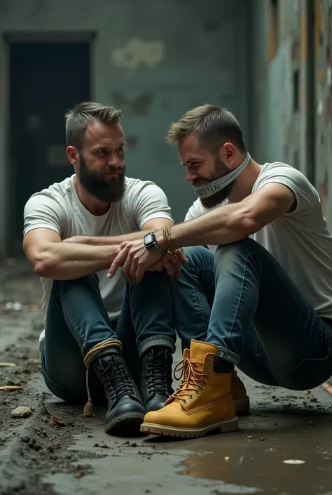 A nordic man with a short beard and hair dressed in black army boots, white t-shirt and jeans is bound from his legs and hands with thin rope and tape on his mouth in a abandoned factory. An other nordic man dressed yellow Timberland boots is bound and gag...