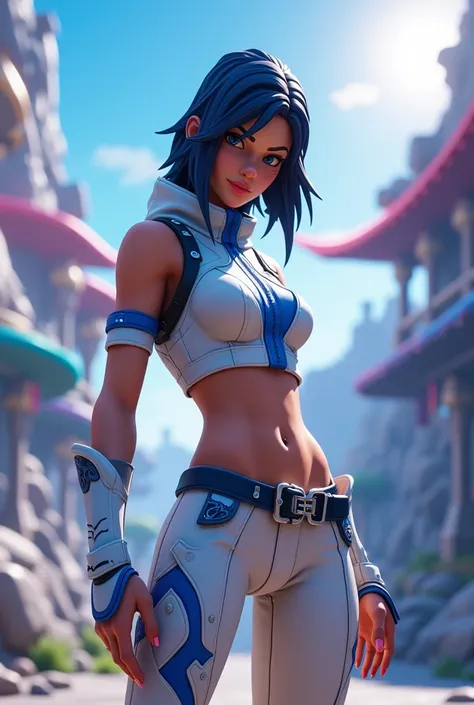 Female Ninja, Fortnite, Beautiful, Human proportions, white outfit with blue accents.
Exposed midriff