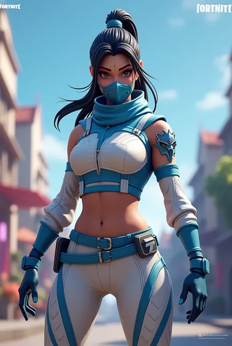 Female Ninja, Fortnite, Beautiful, Human proportions, white outfit with blue accents.
Exposed midriff, face mask, ponytail 