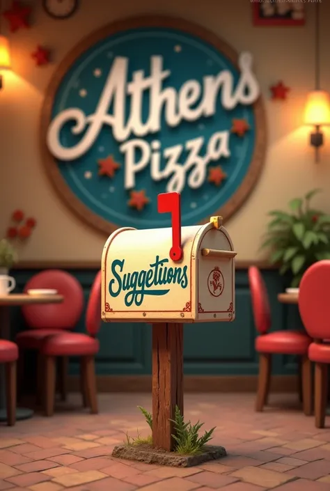  Create an image showing a mailbox showing the word suggestions in a restaurant with the Athens pizza logo in the background, The color of the logo that is blue and white  