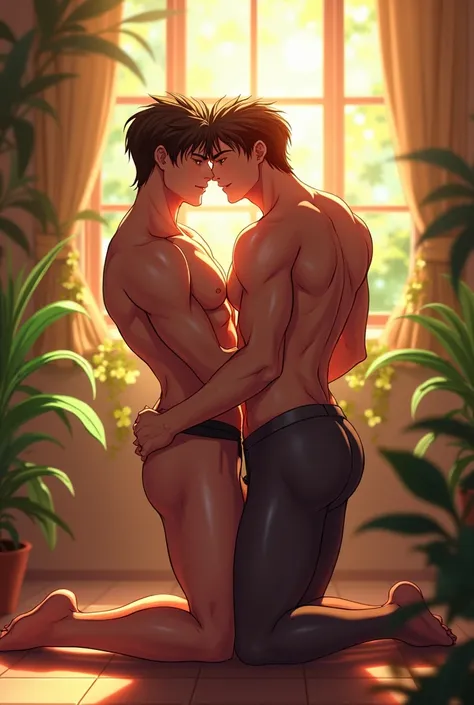 hot guy with big butt, having sex with a man with a big penis, naked indoors, soft lighting, plants in background, window with sunlight, cozy room, on all fours, turned around, anime, intricate details, warm colors