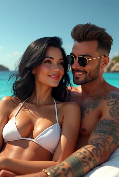  A young woman with European features , His skin is tanned and smooth,  their expression is a smile In love and a deep look ,  her eyes are light greens in contrast to her jet-black hair that is long and wavy, Her lips are red,  is wearing a white bikini t...