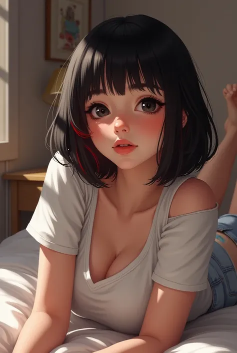 realistic, gorgeous young Polish woman lying down in a girls bedroom, cute face, thick_eyeliner, short straight black hair with bangs and red highlights, black eyes, large bust, flirty expression, wearing over-the-shoulder tshirt and short shorts, indoors