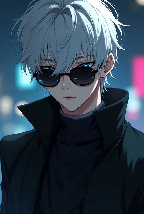 Hottest Anime Boy with White hair, Blue Eyes, Black clothes, and black Sunglass