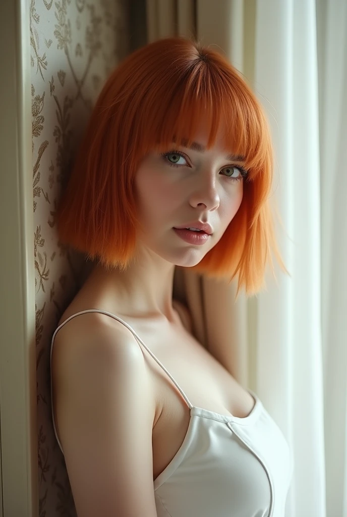 Woman inspired by dua Dua Lipa, ginger hair bob with bangs, green eyes, wearing a white dress leaning on a curtain, ava max, Sydney Sweeney, Dua lipa portrait, dressed Anya Taylor - Joy, Yelena Belova, Anya Taylor - Joy, Anya Taylor-Joy, Mother_Taylor-Joy,...