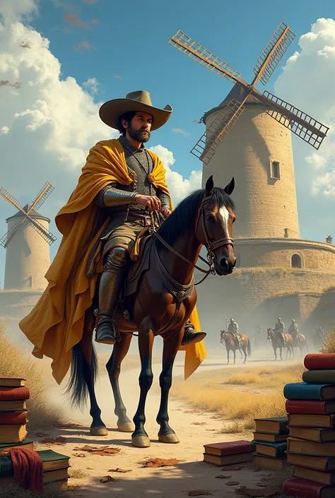  illustrate Don Quixote de la Mancha to me, with Sancho Panza Gordo, The Rocinante horse ,  windmills as a background ,  chivalry books .
