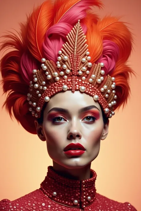 a striking portrait of a woman with a highly stylized, elaborate headdress made of vibrant, colorful materials. The headdress appears to be made of a combination of feathers, pearls, and jewels in shades of red, orange, and pink, creating a bold, eye-catch...