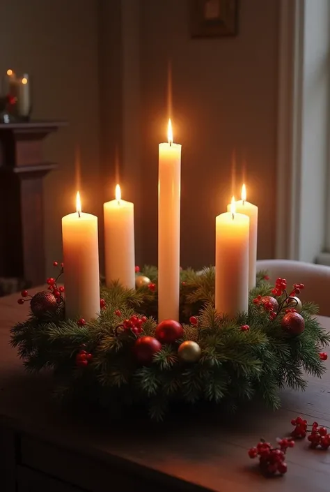 First Sunday of Advent wreaths 5 candles including a lit candle Christmas decoration 