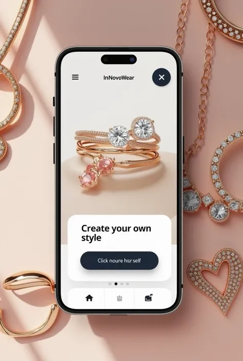  identity of a sales app home screen focused on accessories (like rings, bracelets, belts, toys, necklaces and etc. ), created by the user himself , Name of the InNovoWear app and modern logo,  home screen with click  "Create your own style,  with backgrou...