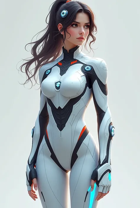 Generate a teenage girl in a sleek and futuristic, with a form-fitting silhouette emphasizing agility and technology. Heres a detailed breakdown of the design:

Front Design

1. Colors:

The primary color is a glossy white with subtle blue gradients, givin...