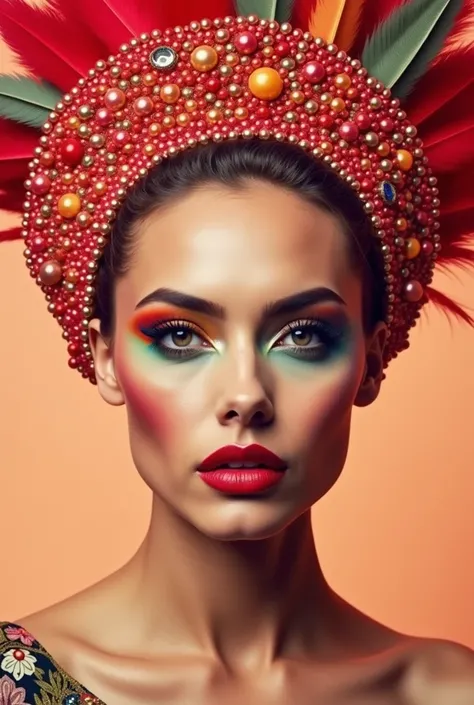 a striking portrait of a woman with a highly stylized, elaborate headdress made of vibrant, colorful materials. The headdress appears to be made of a combination of feathers, pearls, and jewels in shades of red, orange, and pink, creating a bold, eye-catch...