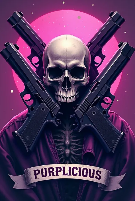 a skull with guns and a banner that says purplicious, an album cover, poster art, by Pamphilus, purple, purples, purple hue, ((purple)), purple color