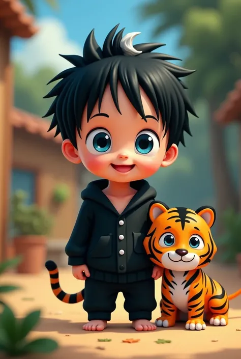 A Baby Boy with Blue Eyes 
He has black hair and black pajamas 
Animated style 
He has a small white lock in his hair 
One piece style 
A tiger next to him 
Il a une meche blanche dans les cheveux 