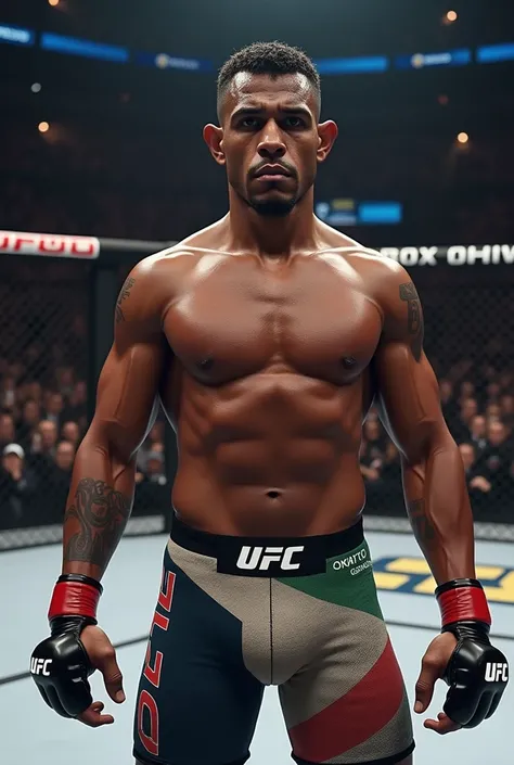 An ultra-realistic image of UFC fighter Charles do Bronx inside the octagon. He is in a fighting stance, wearing his official UFC gear. The background shows a blurred crowd of spectators, enhancing the focus on Charles in the center of the action, ready an...