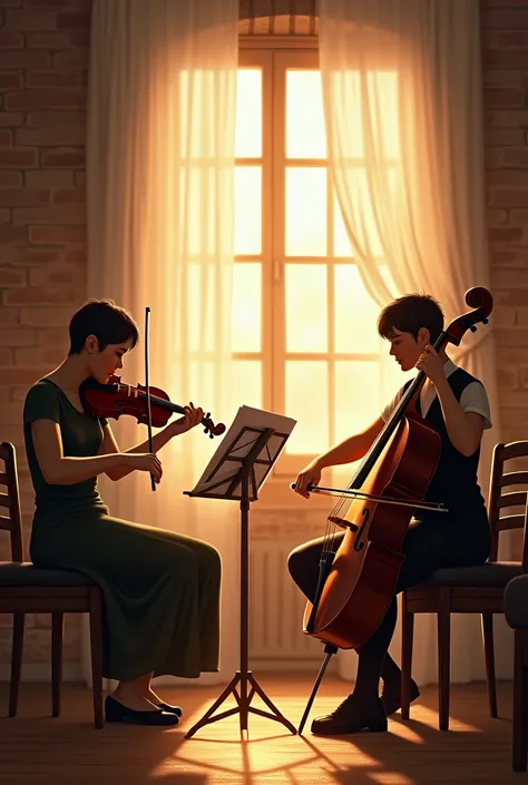 Sunlight streams through sheer curtains into a warm brick-walled studio where musicians pour their hearts into rehearsal. The rich tones of violin and cello blend together as sheet music rests nearby, telling stories of classical masterpieces. Natural ligh...