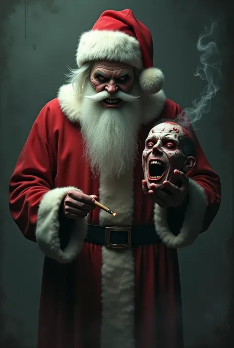 Evil Santa Closs with a head in his right hand and a cigar in his left hand