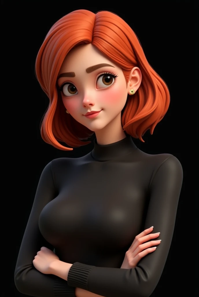 Pixar 3d woman 20 years old red hair , rosy cheek,  standing from the waist up ,  black eyes ,   small breast long sleeve black shirt high collar, crossed arms black background.