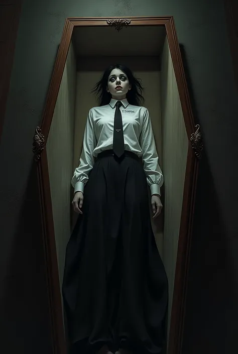 A dead woman with cross-eyed eyes dressed in a white shirt and black tie and skirt lies in a coffin.