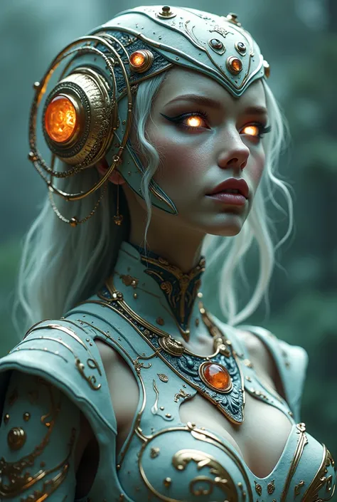 The goddess, Fortuna, glowing eyes, head to breast, silicone cybernetics. High Resolution, Masterpiece, Award Winning, Best Quality, High Details, High Quality, UHD, Optical Illusion, Impressionism, Art Deco, Cinematic, Cinematography, Futurism, Hyperreali...