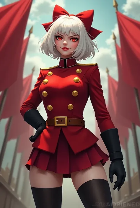 She styled realistic human lady with short fluffy white hair and red bow and red colonel clothes and four yellow buttons on her chest and red belt with yellow buckle and black boots and white stockings with epic pose and evil face and evil smile and bright...