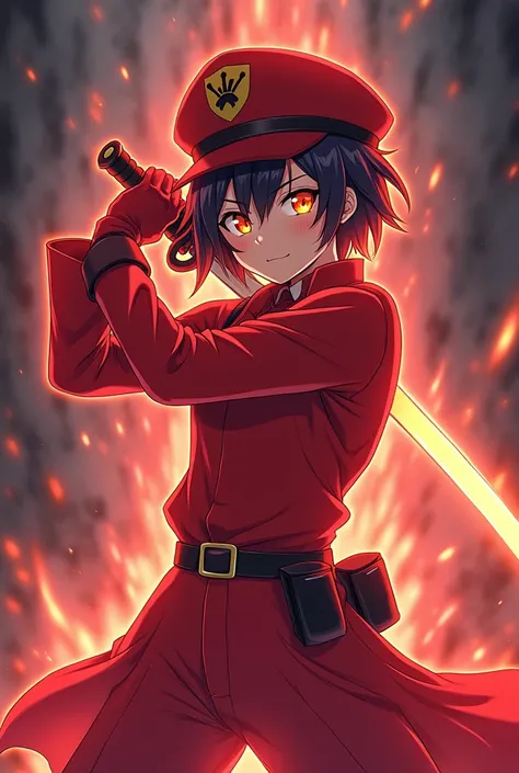 Make A Anime style character that has sword on his back,red outfit,red hat,red gloves,and glowing eyes,and aura