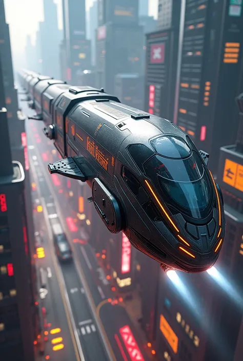 a flying luxury train with rocket boosters in cyberpunk city 