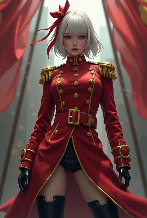 She styled realistic human lady sheep skin color with short fluffy white hair and red ribbon and red colonel clothes and four yellow buttons on her chest and red belt with yellow buckle and black boots and white stockings with epic pose and face of evil an...