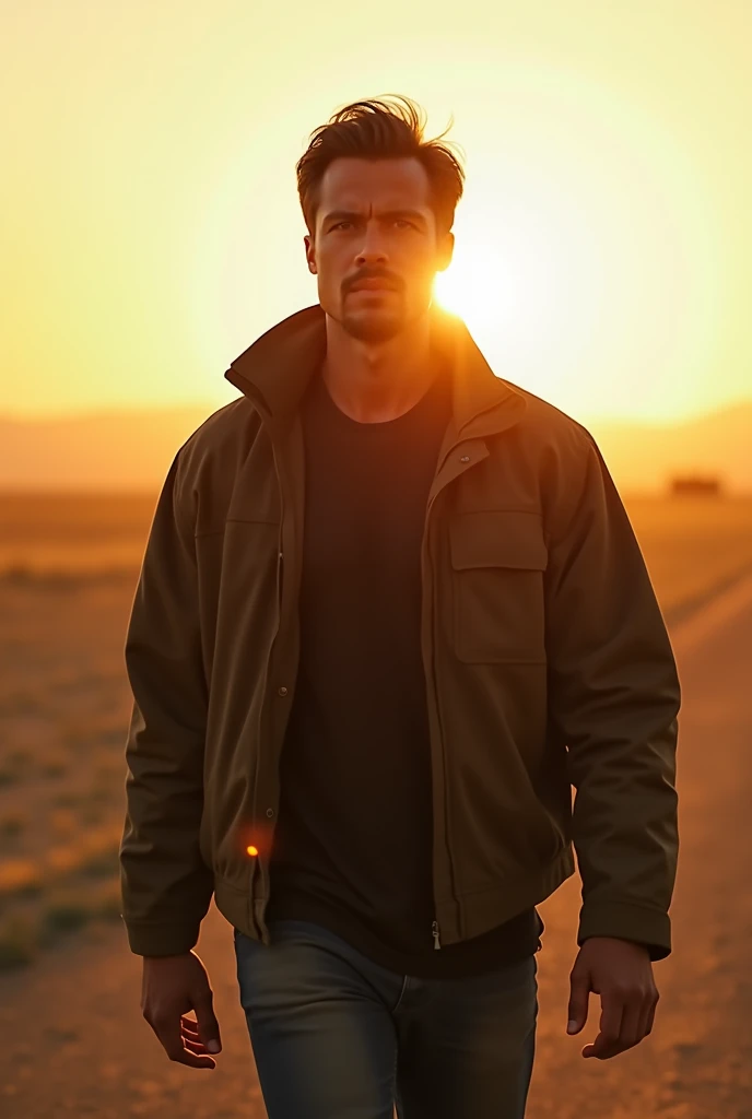 Visual:  In a closer front shot ,  the protagonist walks directly towards the camera ,  with the vast horizon behind him .  His posture is erect ,  his relaxed but strong shoulders . the sun, now low ,  bathes his face in a warm glow ,  accentuating his di...