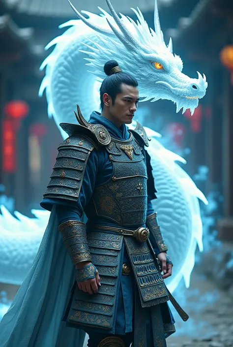 a hybrid warrior in samurai armor with a ghostly ghostly white dragon head, Guanyu , inspired by Li Gonglin , inspiration for Li Kan, Yiqiang e Shurakrgt, Inspired by Hu Zaobin, still from a fantasy film, Chinese warrior , Karl Urban as a fluorescent glow ...